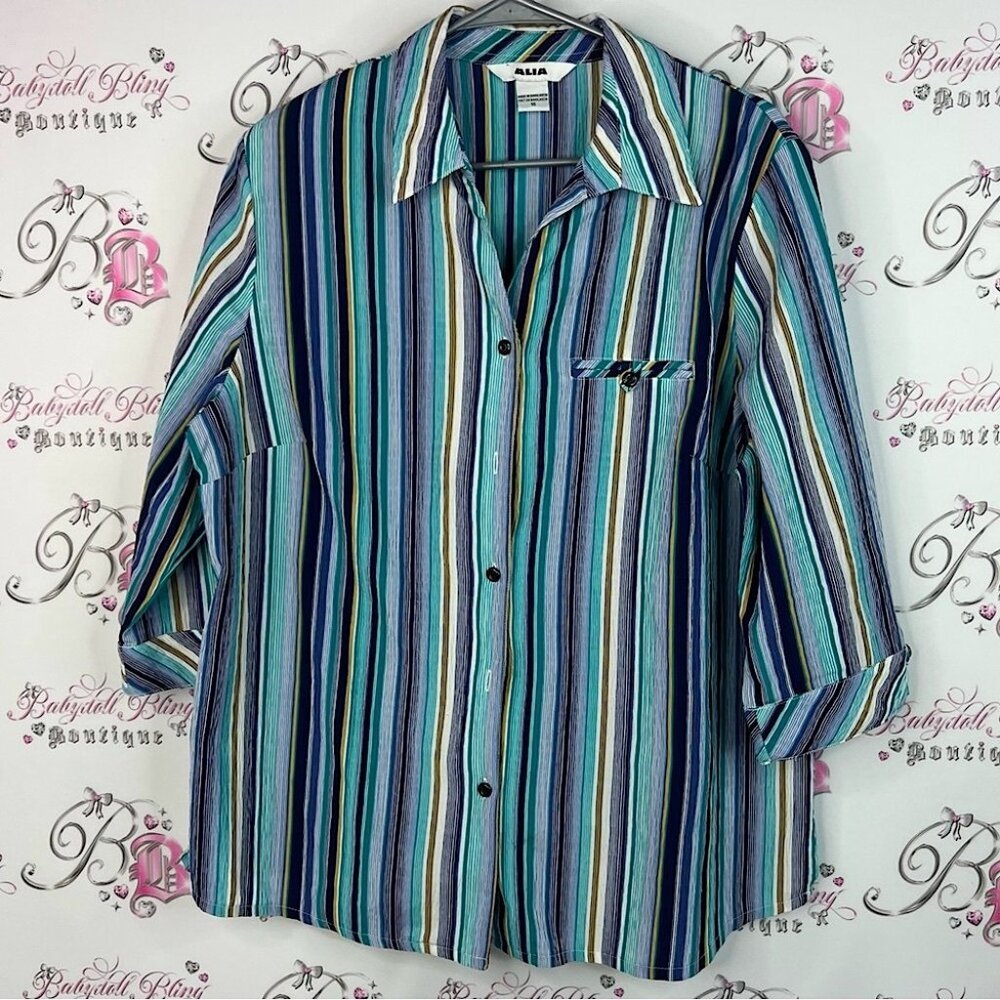 Alia button down collared stripes Blue and Green Striped Button-Down Shirt